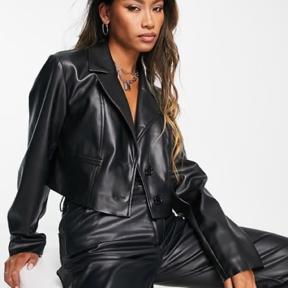 New TOPSHOP Black Faux Leather Cropped Blazer Coat Women’s Size 12